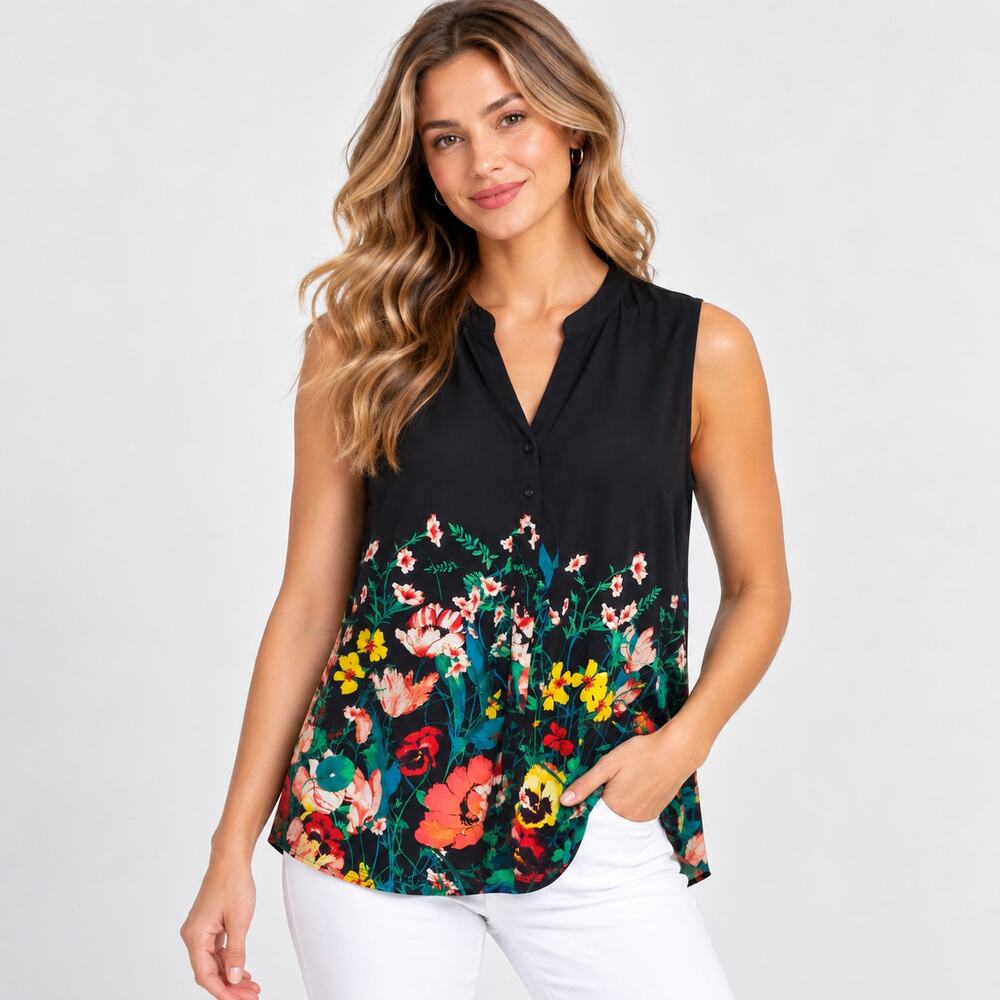 Susan Graver Liquid Knit Sleeveless Button-Up Blouse Womens Size 1X Black Floral